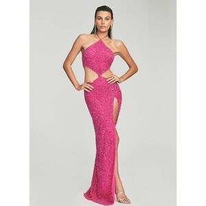 Retrofete Halter Sequin Dress Womens Size XL Fuchsia Pink Maxi High Slit Cut out
